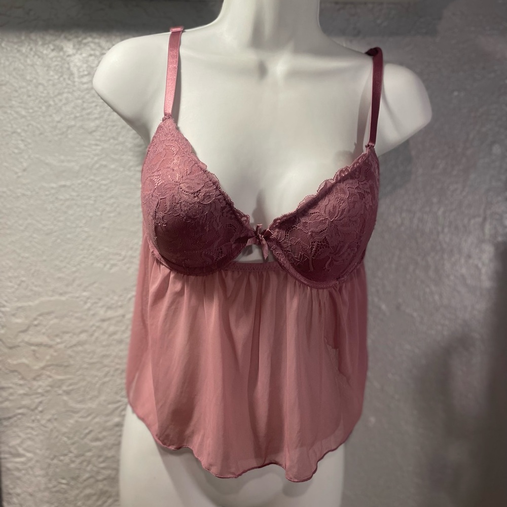 Lace-Trim Pink Babydoll Chemise with Sheer Skirt